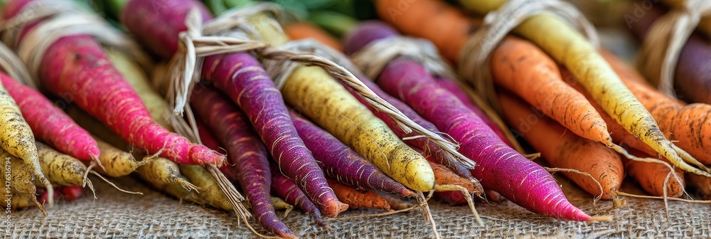 Poster Colorful Carrots Tied With Twine Displayed on Burlap in a Rustic Setting, Highlighting Fresh Produce and Vibrant Colors
