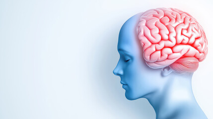 Obraz premium A blue human head profile with a detailed, highlighted brain illustration on a light background.