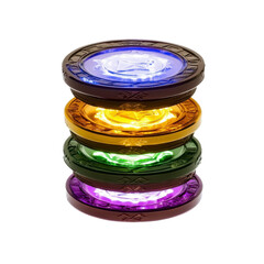 Stack of Illuminated Casino Chips Blue, Gold, Green, Purple