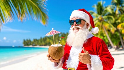 santa claus in sunglasses on the beach in summer