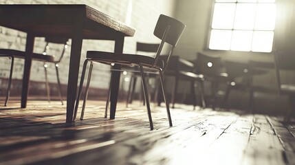 Rustic dining area with wooden table and chairs.