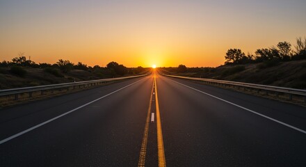 Naklejka premium Scenic view of a long, straight highway leading into the horizon during a beautiful golden sunset, symbolizing the journey ahead