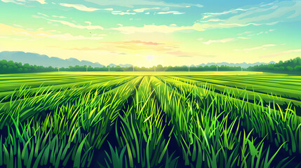 Green rice fields stretching to the horizon Landscapes Warm Lighting