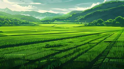 Fototapeta premium Green rice fields stretching to the horizon Landscapes Warm Lighting