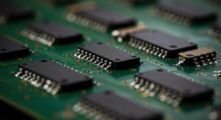 Close-up View of a Printed Circuit Board with Integrated Circuits