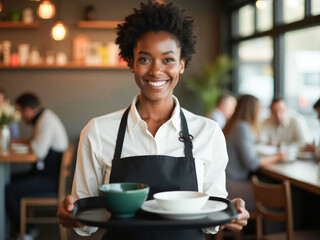 Fototapeta premium Smiling waitress in white shirt and apron serves food in busy restaurant, reflecting hospitality, warmth, and positive customer experience. 