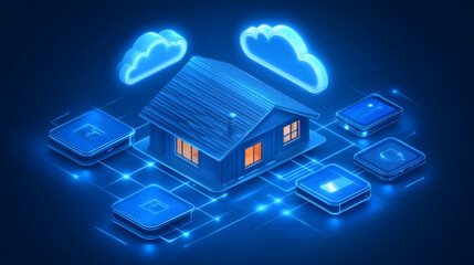 Smart House on Digital Blueprint with Tablet Control – Future Home Technology Concept
