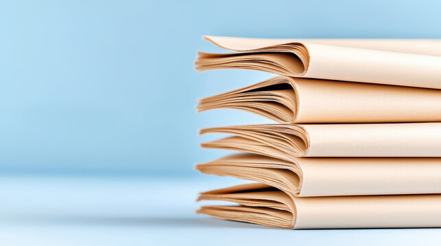 A stack of folded newspapers on a light blue background, representing news, information, and media.