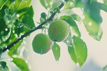 Fresh, green apples glistening with raindrops on a tree branch