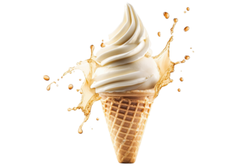 Refreshing vanilla ice cream in waffle cone with splash PNG suitable for promotional flyers and banners
