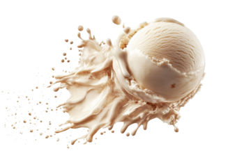 Vanilla ice cream scoop with splash in transparent PNG perfect for dessert menus and advertisements