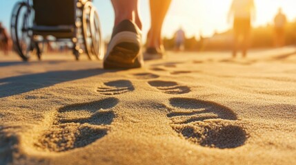 Footprints and Wheelchair Marks on Beach Sand