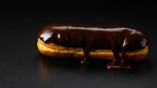 Chocolate eclair dripping with ganache on black background with copy space