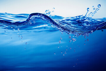 Close up of a wave in the ocean with droplets and splash against light sky