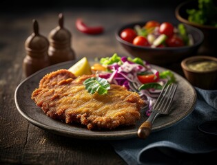 Crispy golden schnitzel served with a vibrant fresh salad made of cucumbers, tomatoes, onions, and peppers on a rustic plate in warm lighting for a delicious food presentation