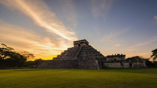 A timelapse showcasing the Temple of Kukulcan (El Castillo) amidst the lush greenery at the heart of the archaeological site in Chichen Itza, a city established by the Maya civilization