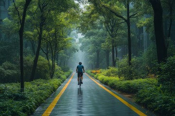 Obraz premium a cyclist entering an eco friendly urban bridge with a separate bike path, surrounded by lush greenery and sustainable architecture, bright and clear sky