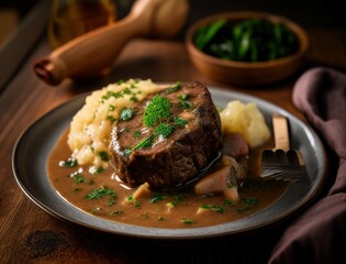 Juicy braised beef steak in rich brown sauce served with herbs on a ceramic plate in a cozy rustic setting capturing the essence of homemade gourmet comfort food dinner