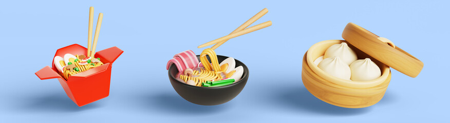 Chinese food set - wok noodles with chopsticks in red paper takeaway box, ramen soup with egg in restaurant bowl or plate, baozi in bamboo steamer. Cooked tradition asian street snack. 3D illustration