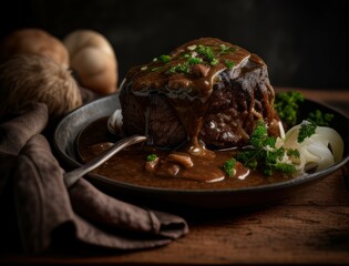 Juicy braised beef steak in rich brown sauce served with herbs on a ceramic plate in a cozy rustic setting capturing the essence of homemade gourmet comfort food dinner