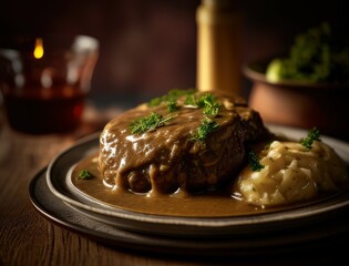 Juicy braised beef steak in rich brown sauce served with herbs on a ceramic plate in a cozy rustic setting capturing the essence of homemade gourmet comfort food dinner