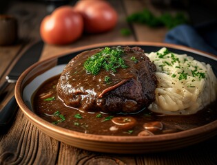 Juicy braised beef steak in rich brown sauce served with herbs on a ceramic plate in a cozy rustic setting capturing the essence of homemade gourmet comfort food dinner