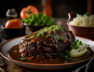 Juicy braised beef steak in rich brown sauce served with herbs on a ceramic plate in a cozy rustic setting capturing the essence of homemade gourmet comfort food dinner
