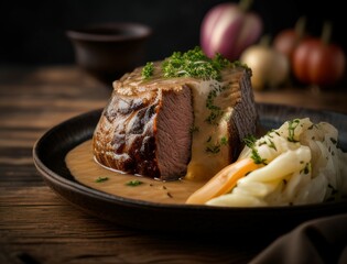 Juicy braised beef steak in rich brown sauce served with herbs on a ceramic plate in a cozy rustic setting capturing the essence of homemade gourmet comfort food dinner