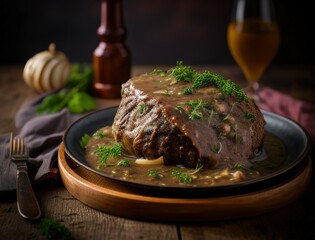 Juicy braised beef steak in rich brown sauce served with herbs on a ceramic plate in a cozy rustic setting capturing the essence of homemade gourmet comfort food dinner