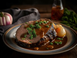 Juicy braised beef steak in rich brown sauce served with herbs on a ceramic plate in a cozy rustic setting capturing the essence of homemade gourmet comfort food dinner