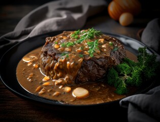 Juicy braised beef steak in rich brown sauce served with herbs on a ceramic plate in a cozy rustic setting capturing the essence of homemade gourmet comfort food dinner