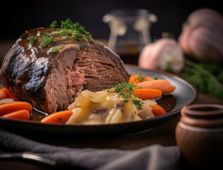 Juicy braised beef steak in rich brown sauce served with herbs on a ceramic plate in a cozy rustic setting capturing the essence of homemade gourmet comfort food dinner