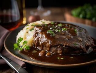 Juicy braised beef steak in rich brown sauce served with herbs on a ceramic plate in a cozy rustic setting capturing the essence of homemade gourmet comfort food dinner