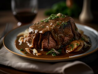 Juicy braised beef steak in rich brown sauce served with herbs on a ceramic plate in a cozy rustic setting capturing the essence of homemade gourmet comfort food dinner