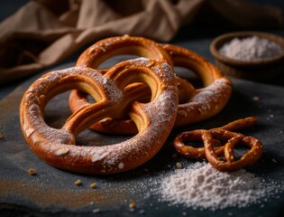 Delicious golden brown pretzels freshly baked and served on a rustic dark wooden table with grains of salt and a soft cloth for a cozy bakery-inspired food photography scene