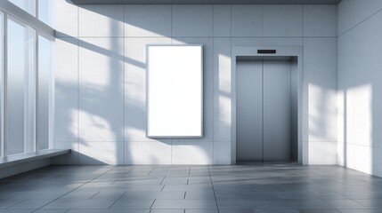 Modern Elevator Lobby Interior Design Blank Poster Mockup Minimalist Concrete Wall Spacious Room Sunlight Shadow Light Grey Tiles Floor Elevator Doors