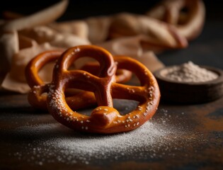 Delicious golden brown pretzels freshly baked and served on a rustic dark wooden table with grains of salt and a soft cloth for a cozy bakery-inspired food photography scene