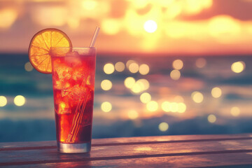 Refreshing Cocktail at Sunset by the Ocean