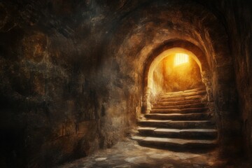 Naklejka premium Stone Staircase Ascending to Light in Ancient Tunnel Perspective Shot Location Unknown