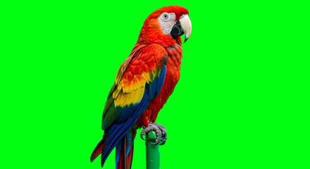 Obraz premium Exotic Scarlet Macaw Parrot Standing On A Green Screen
