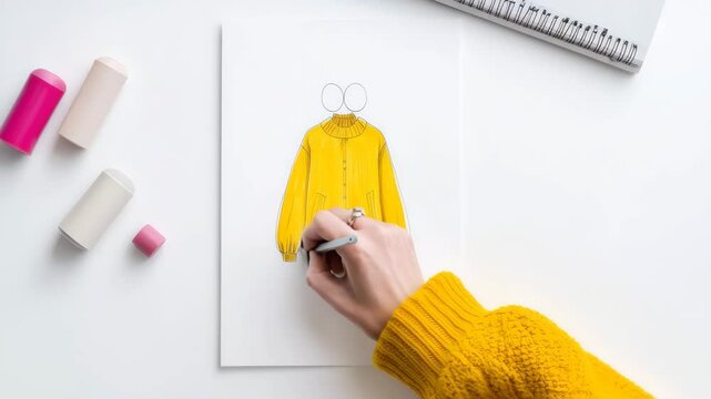 Person Sketching Bright Yellow Jacket on Paper Surrounded by Colorful Stationery in a Vibrant Workspace