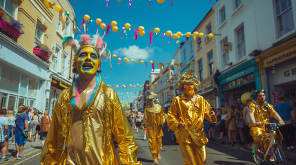 Brighton Fringe Festival, bustling vibrant streets lined with indie bands playing lively tunes, street performers painted in gold standing like living statues, colorful costumes fluttering in the sea 