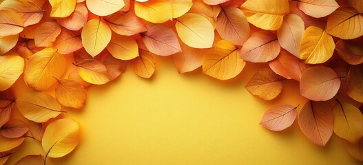 Colorful autumn leaves arranged on a bright yellow background.
