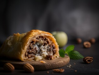Freshly baked apple strudel with powdered sugar, cinnamon sticks, and apples styled on a rustic wooden board. Perfect for food photography, dessert, or traditional pastry visuals.