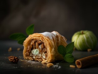 Freshly baked apple strudel with powdered sugar, cinnamon sticks, and apples styled on a rustic wooden board. Perfect for food photography, dessert, or traditional pastry visuals.