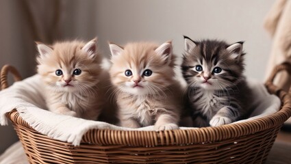  Title: Playful Kittens in a Basket, Three adorable fluffy kittens playing inside a woven basket, soft background, cozy indoor lighting
