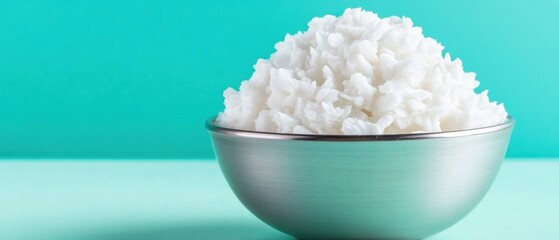 Rice Bowl Still Life Close Up on Teal Background Studio Shot of Cooked White Rice in Metal Bowl