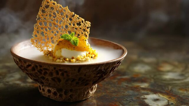 Smoky dessert in a textured brown bowl, garnished with a crispy golden lattice and mango puree. Close up shot with shallow depth of field.