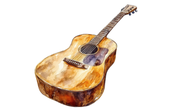 Artistic watercolor acoustic guitar illustration transparent PNG ideal for music themed graphics and decor items