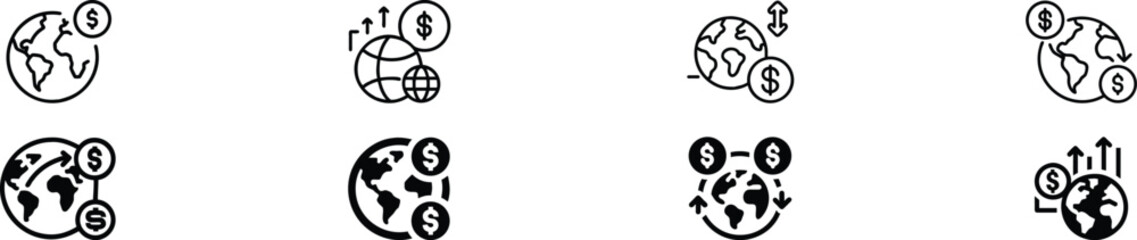 Global Profit Icon with World Map and Dollar Signs – International Business Revenue, Economic Growth, Finance, Investment, Currency Exchange, and Worldwide Earnings Vector Symbol